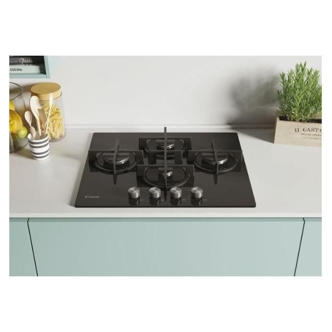 Candy CVG6DPB New Timeless GOG Piano Cottura a Gas su vetro 4 zone Rombo-Diamond Manopole New Timeless Griglie in ghisa 60 cm 4 livelli di potenza Nero