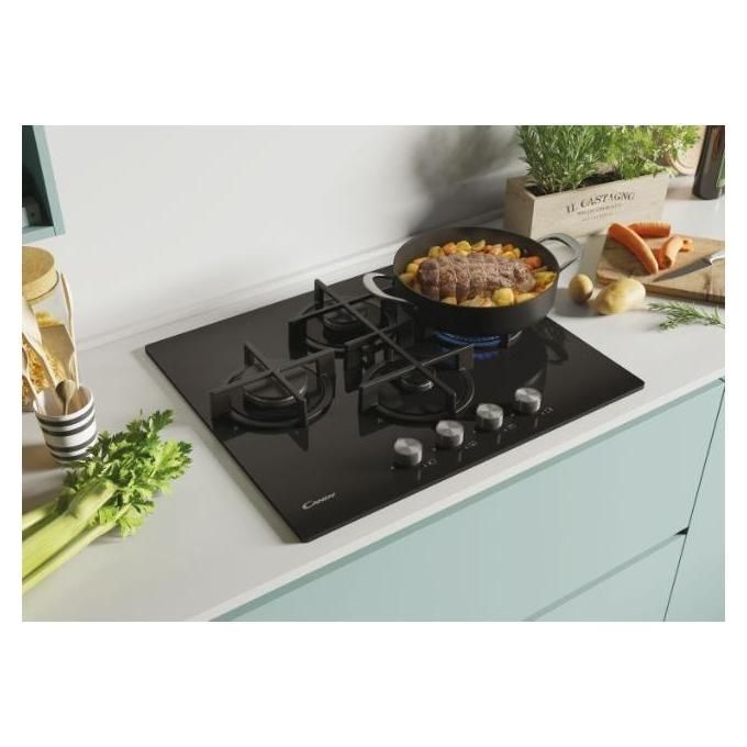 Candy CVG6DPB New Timeless GOG Piano Cottura a Gas su vetro 4 zone Rombo-Diamond Manopole New Timeless Griglie in ghisa 60 cm 4 livelli di potenza Nero