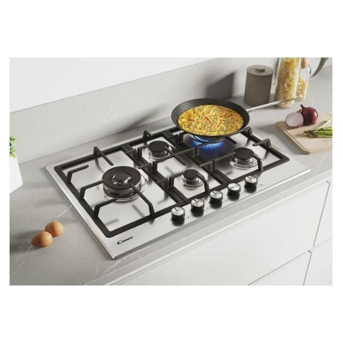 Candy CHG7WLWEX Piano Cottura a Gas su metallo 5 zone Special burner laterale Griglie in ghisa Doppia corona 75 cm 4 livelli di potenza Inox