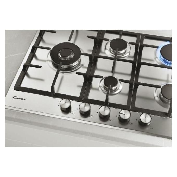 Candy CHG7WLWEX Piano Cottura a Gas su metallo 5 zone Special burner laterale Griglie in ghisa Doppia corona 75 cm 4 livelli di potenza Inox