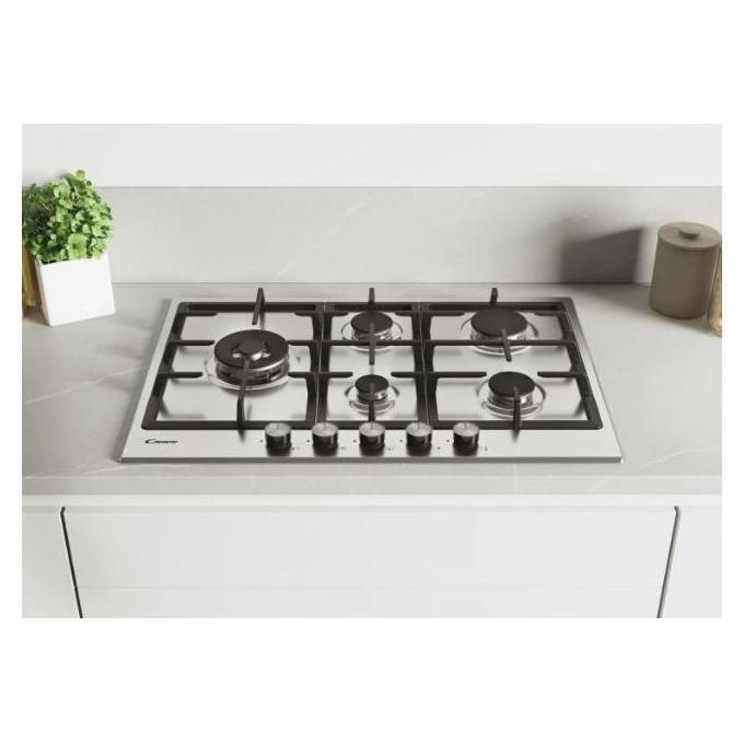 Candy CHG7WLWEX Piano Cottura a Gas su metallo 5 zone Special burner laterale Griglie in ghisa Doppia corona 75 cm 4 livelli di potenza Inox