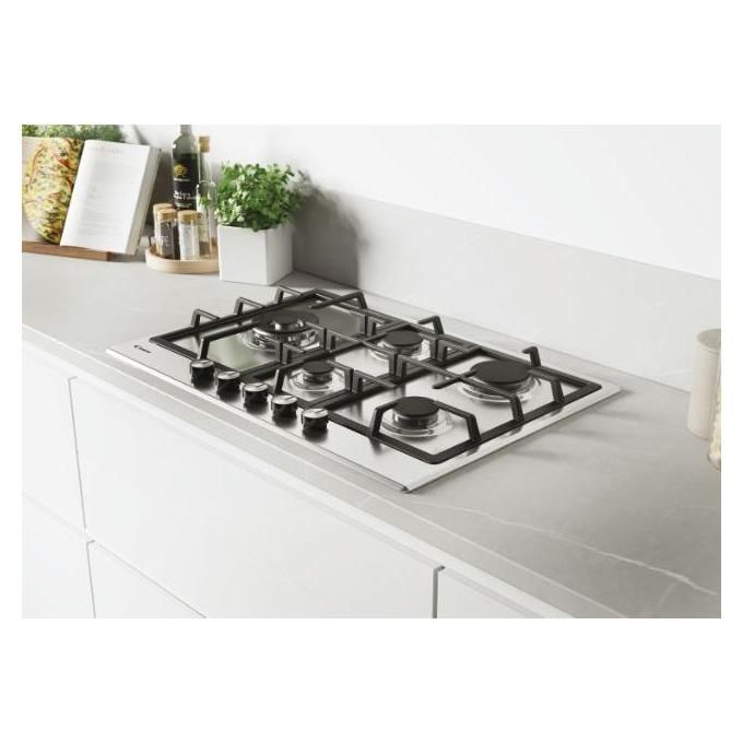 Candy CHG7WLWEX Piano Cottura a Gas su metallo 5 zone Special burner laterale Griglie in ghisa Doppia corona 75 cm 4 livelli di potenza Inox