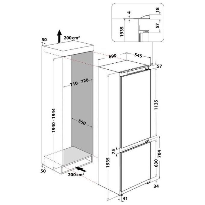 Hotpoint BCB 4010 E O31 Frigorifero Combinato da Incasso Capacita' 400 Litri Classe energetica F Low Frost Ventilazione Air Technology Larghezza 70 cm Altezza 193,5 cm