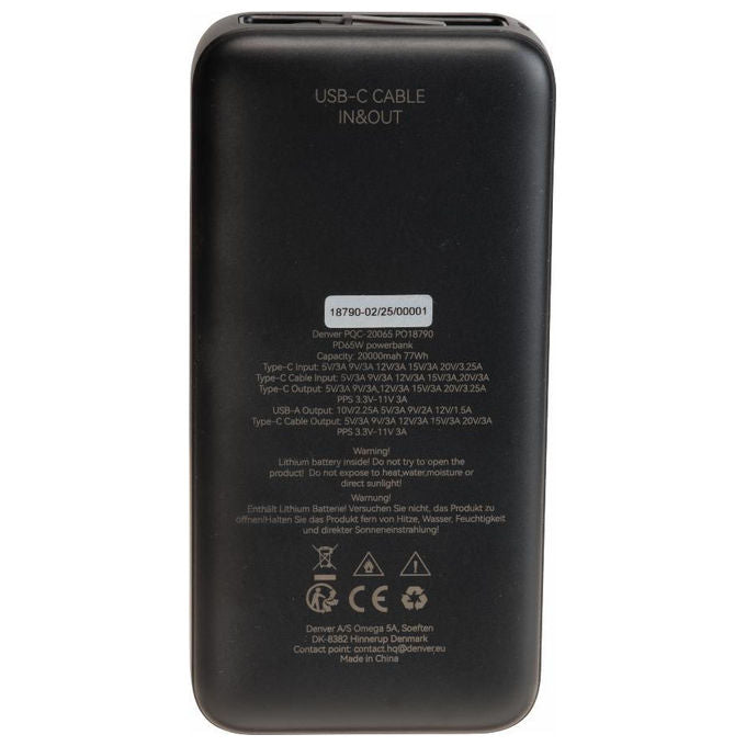 Denver PQC-20065 Power Bank 20000 mAh con Ricarica Rapida PD65W e Display Integrato colore Nero