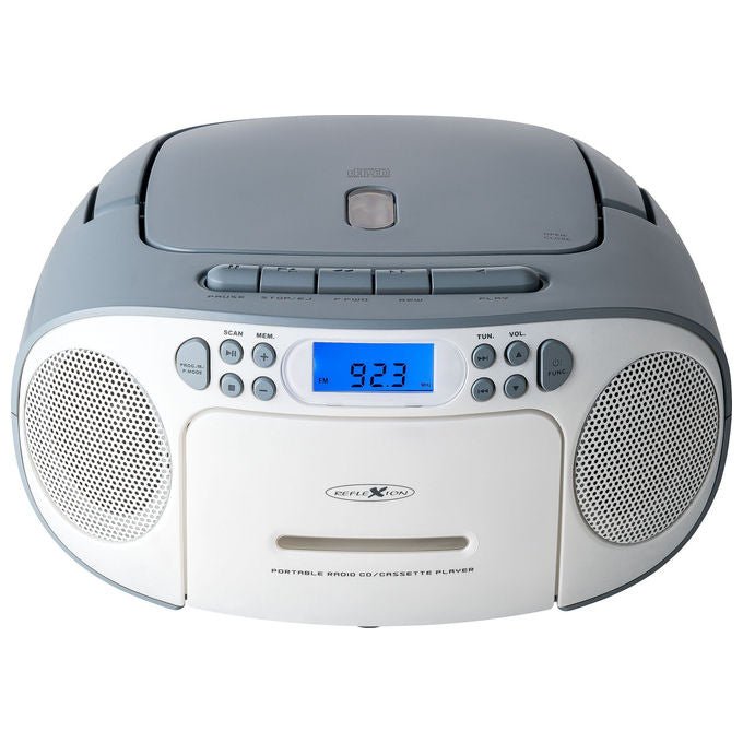 Reflexion RCR2260W-BL Radio CD Portatile con Lettore CD Cassette FM AUX 3.5 mm LCD Retroilluminato Blu Alimentazione CA Batteria colore Bianco Blu