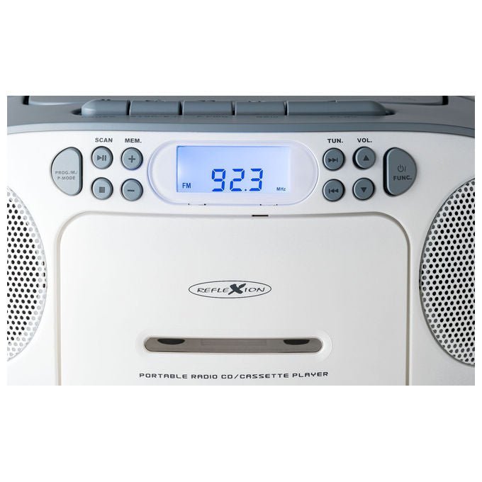 Reflexion RCR2260W-BL Radio CD Portatile con Lettore CD Cassette FM AUX 3.5 mm LCD Retroilluminato Blu Alimentazione CA Batteria colore Bianco Blu