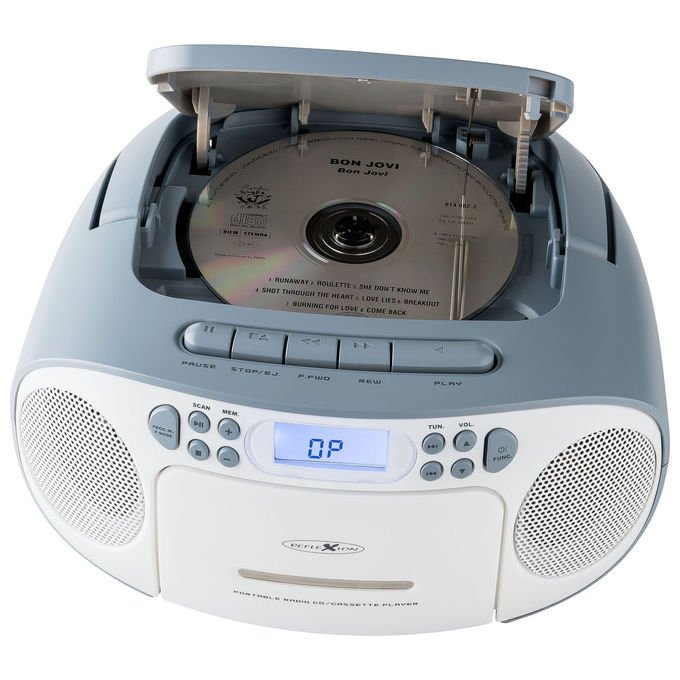 Reflexion RCR2260W-BL Radio CD Portatile con Lettore CD Cassette FM AUX 3.5 mm LCD Retroilluminato Blu Alimentazione CA Batteria colore Bianco Blu