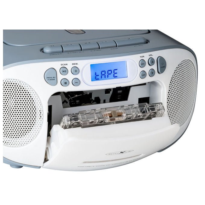 Reflexion RCR2260W-BL Radio CD Portatile con Lettore CD Cassette FM AUX 3.5 mm LCD Retroilluminato Blu Alimentazione CA Batteria colore Bianco Blu