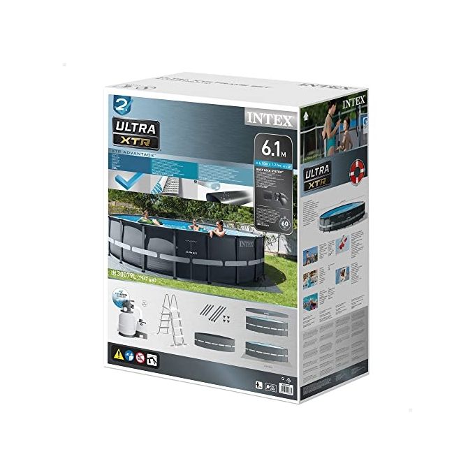 Intex 26334NP Piscina Fuori Terra Ultra XTR Frame Rotonda Pompa Filtro 7900 L-h Scaletta Telo Base e Copertura 30079 L Acciaio e PVC Grigio 610x122 cm 610x122cm Rotonda Accessori