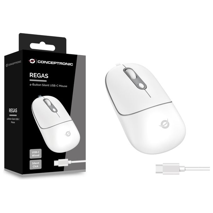 Conceptronic REGAS02W Mouse Ottico USB tipo-C 2400 DPI 4 Pulsanti Clic Silenzioso colore Bianco