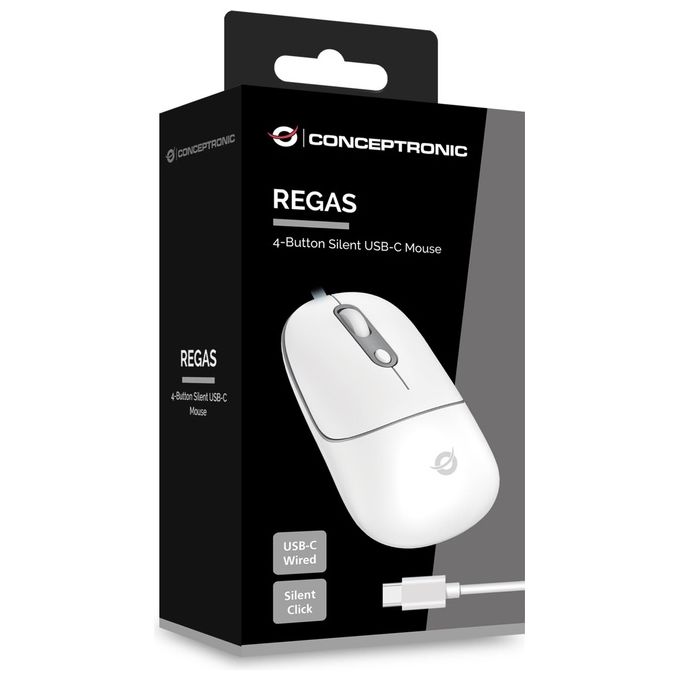 Conceptronic REGAS02W Mouse Ottico USB tipo-C 2400 DPI 4 Pulsanti Clic Silenzioso colore Bianco