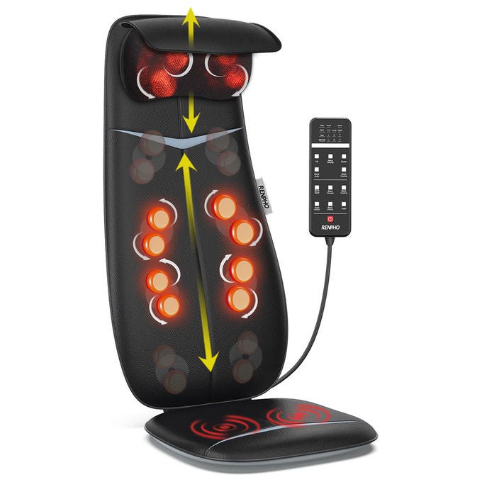 Renpho sedile massaggiante shiatsu, schiena e collo, funzione calore, design a forma di s, altezza regolabile, vibrazione, nero