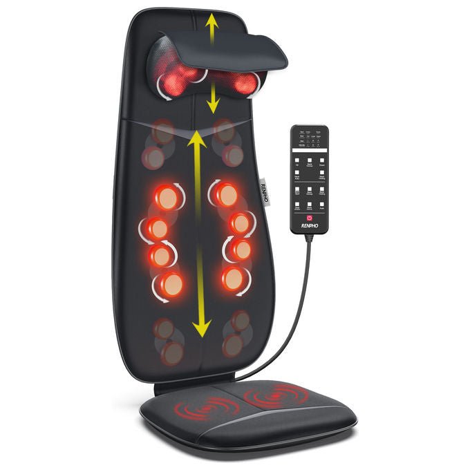 Renpho sedile massaggiante shiatsu, schiena e collo, funzione calore, design a forma di s, altezza regolabile, vibrazione, nero