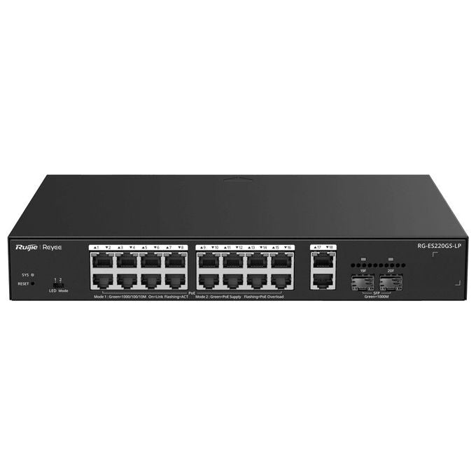 Ruijie Networks RG-ES220GS-LP Switch di Rete Gestito L2 18 Porte Gigabit Ethernet 2 Slot SFP Supporto PoE+ 130W colore Nero