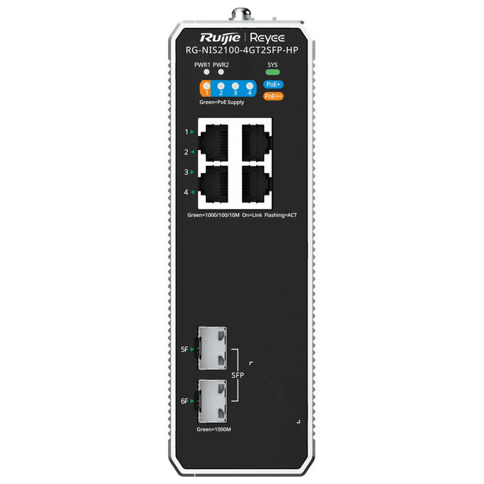 Ruijie RG-NIS2100-4GT2SFP-HP Switch PoE industriale gestito 4 porte RJ45 Gigabit 2 SFP 1 PoE++ 3 PoE+ IP40 -40°C +75°C colore Nero