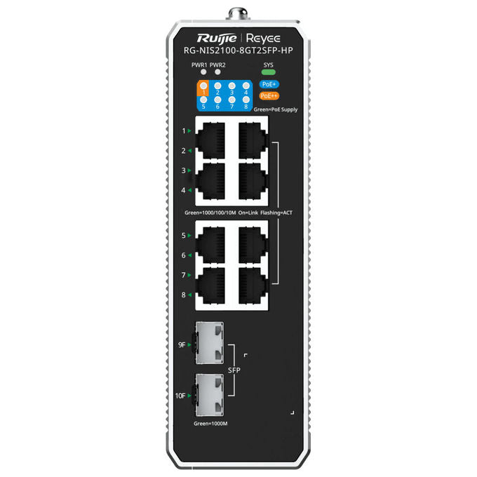 Ruijie RG-NIS2100-8GT2SFP-HP Switch Industriale Gestito L2 8 Porte Gigabit RJ45 2 SFP PoE+ PoE++ IP40 Montabile DIN colore Nero Acciaio inox