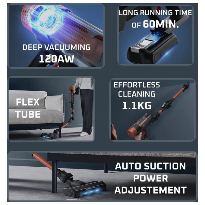 Rowenta RH7A73E0 X-Force Flex 10.80 Aspirapolvere Senza Filo Tecnologia Ciclonica Capacita' 0.6 L Autonomia 60 min Potenza 120 AW colore Arancione Rame