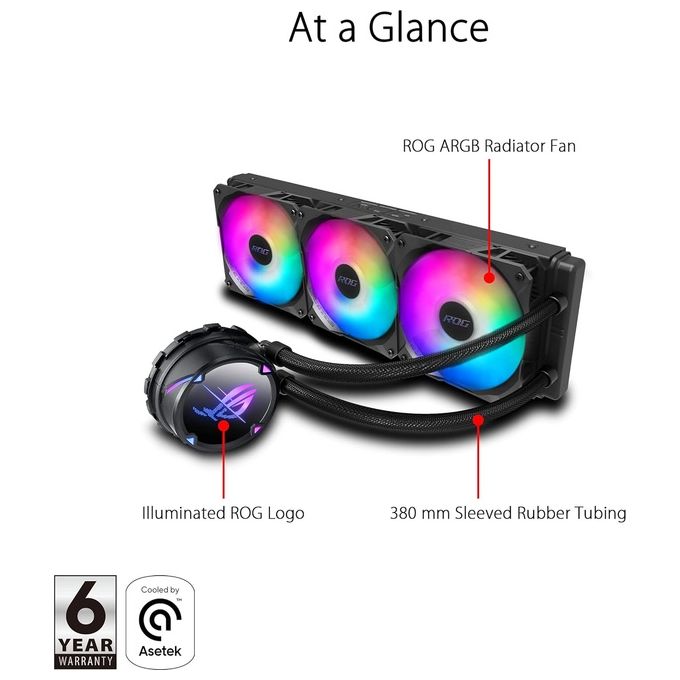 Asus ROG Strix LC II 360 ARGB Dispositivo di raffreddamento a liquido all-in-one, Cooler CPU, supporto Intel LGA 1700 e AMD AM4-TR4, 3 Ventole ROG RGB da 120 mm, Aura Sync, Nero
