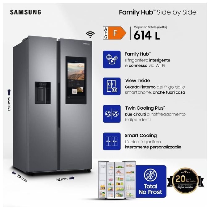 Samsung RS6HA8880S9 Family Hub Frigorifero Side by Side Capacita' 614 Litri Classe energetica F No Frost Display Touch HD Wi-Fi - Bluetooth 178 cm Metal Inox
