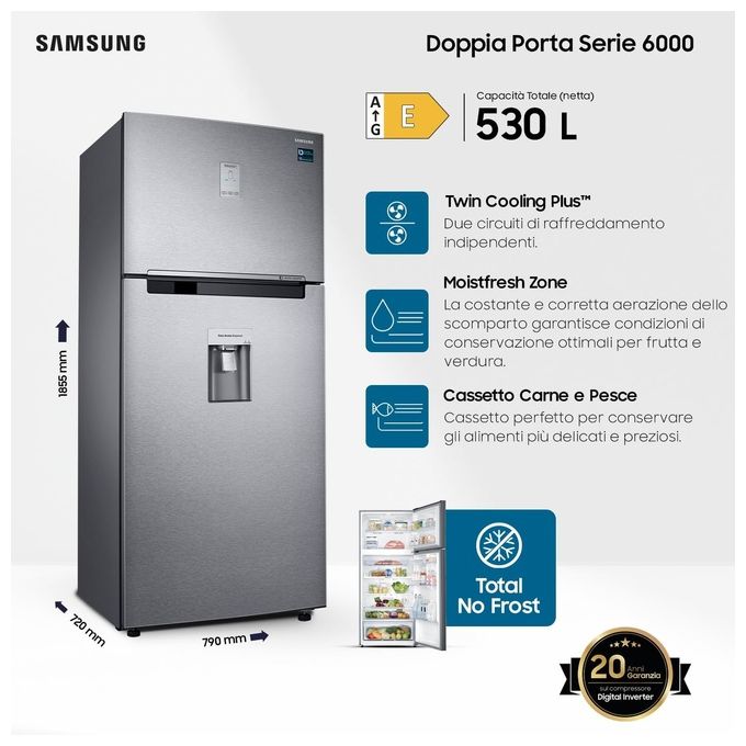 Samsung RT53K665PSL - Frigorifero doppia porta 530 L, 186 cm, Classe E, 39 dB, No Frost, Dispenser acqua, Silver