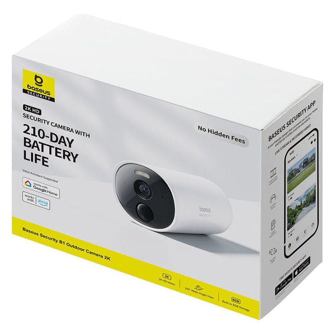 Baseus S0SV002130 Security B1 Telecamera da Esterno 2K Risoluzione 2304 x 1296 Campo Visivo 145° Batteria 7800 mAh Visione Notturna a Colori Resistenza IP67 colore Bianco