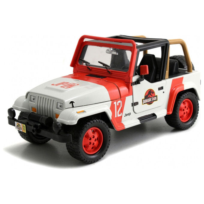Jada 253253005 Jeep Wrangler Jurassic Park Scala 1:24 in Metallo Pressofuso con Porte Cofano e Bagagliaio Apribili e Dinosauro Incluso colore Nero