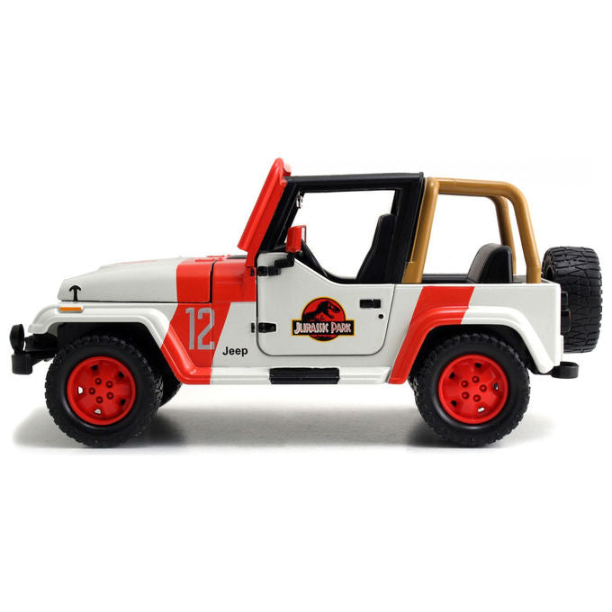 Jada 253253005 Jeep Wrangler Jurassic Park Scala 1:24 in Metallo Pressofuso con Porte Cofano e Bagagliaio Apribili e Dinosauro Incluso colore Nero