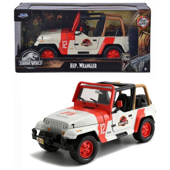Jada 253253005 Jeep Wrangler Jurassic Park Scala 1:24 in Metallo Pressofuso con Porte Cofano e Bagagliaio Apribili e Dinosauro Incluso colore Nero