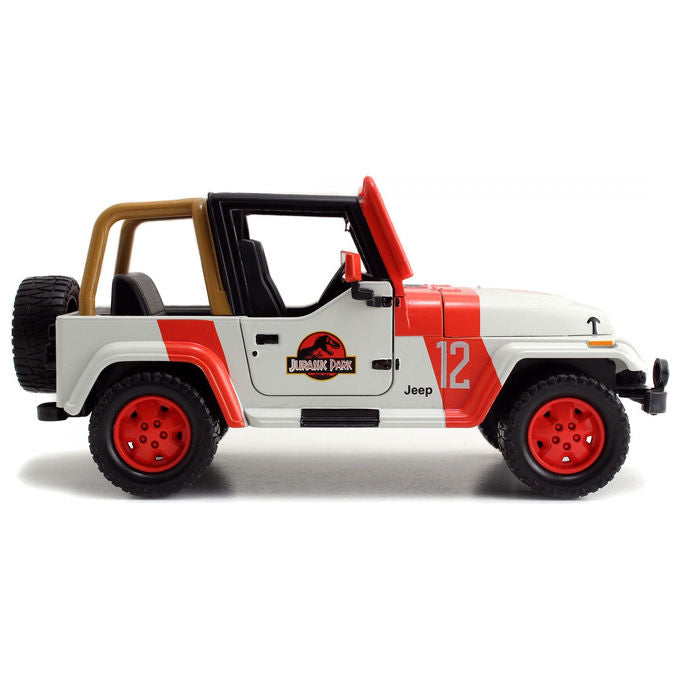 Jada 253253005 Jeep Wrangler Jurassic Park Scala 1:24 in Metallo Pressofuso con Porte Cofano e Bagagliaio Apribili e Dinosauro Incluso colore Nero