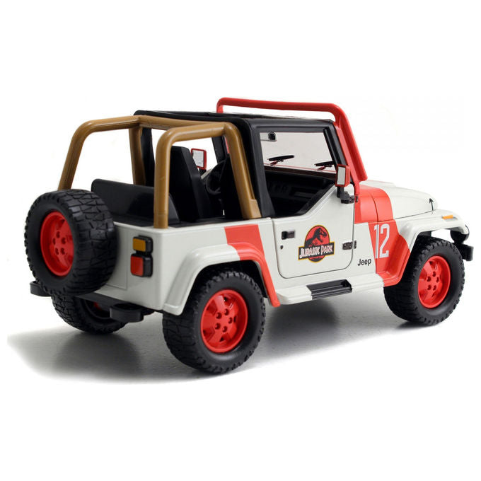 Jada 253253005 Jeep Wrangler Jurassic Park Scala 1:24 in Metallo Pressofuso con Porte Cofano e Bagagliaio Apribili e Dinosauro Incluso colore Nero