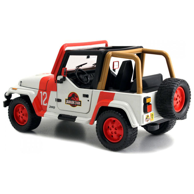 Jada 253253005 Jeep Wrangler Jurassic Park Scala 1:24 in Metallo Pressofuso con Porte Cofano e Bagagliaio Apribili e Dinosauro Incluso colore Nero