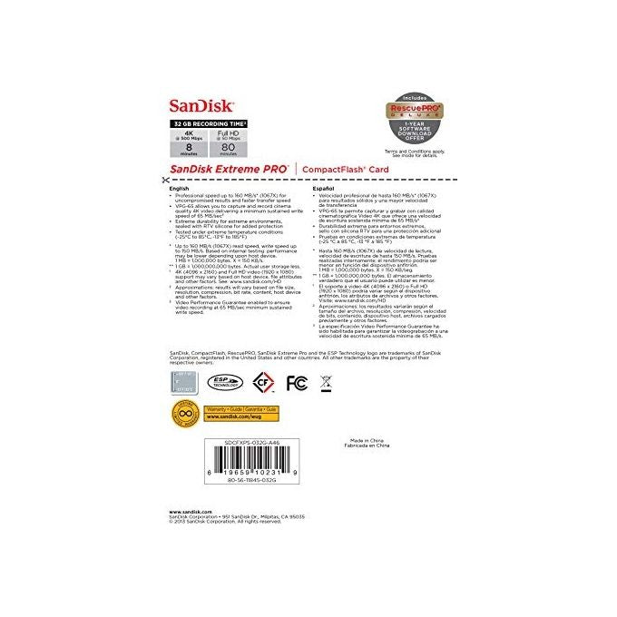 Sandisk Extreme Pro Cf 160mb S 32 Gb Vpg