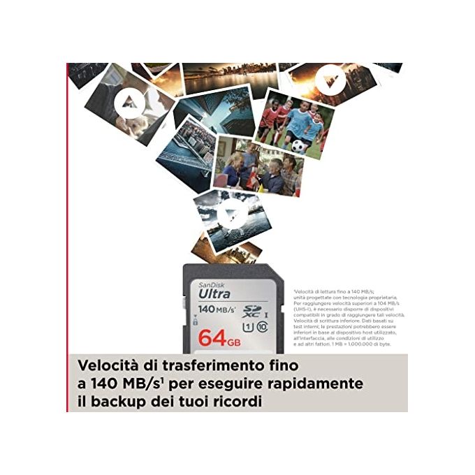 SanDisk Ultra 64GB SDXC velocita' fino a 140 MB-s, UHS-I, Classe 10, U1
