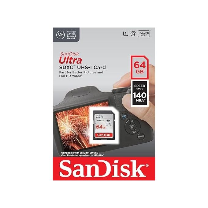 SanDisk Ultra 64GB SDXC velocita' fino a 140 MB-s, UHS-I, Classe 10, U1