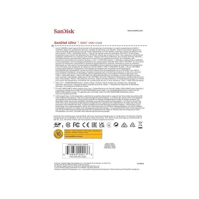 SanDisk Ultra 64GB SDXC velocita' fino a 140 MB-s, UHS-I, Classe 10, U1