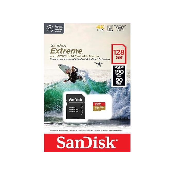 SanDisk Extreme 128 Gb microSDXC + adattatore SD fino a 190 MB-s, UHS-I, Classe 10, U3, V30