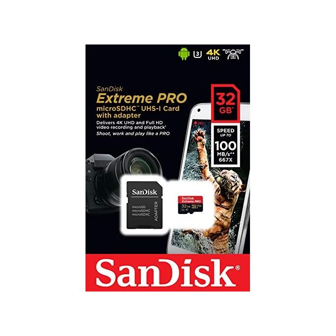 SanDisk Extreme Pro 32 GB microSDHC e Adattatore SD fino a 100 MB-sec, Classe 10, UHS-I, U3, V30
