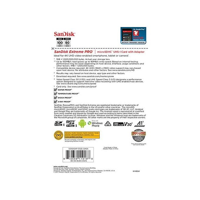 SanDisk Extreme Pro 32 GB microSDHC e Adattatore SD fino a 100 MB-sec, Classe 10, UHS-I, U3, V30