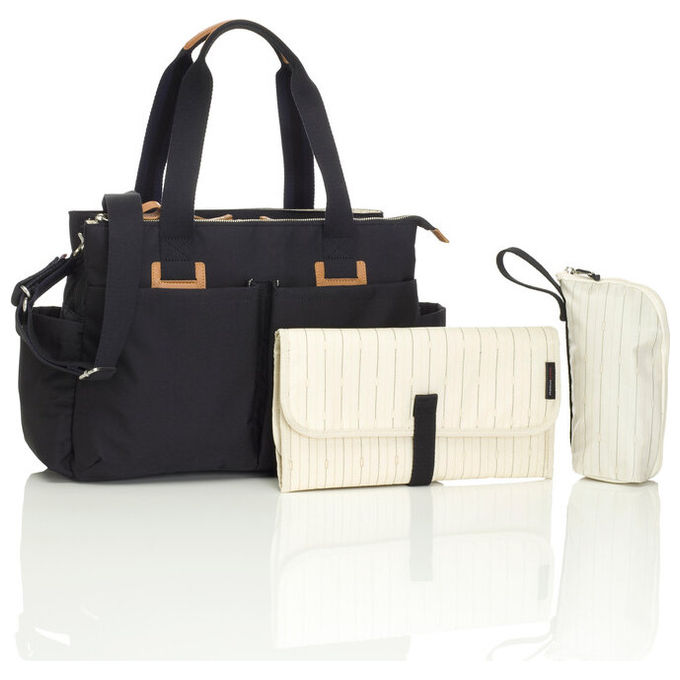 Storksak Travel – Borsa a Tracolla per Pannolini in Poliestere Nero, 3 Scomparti, Portabottiglie Removibile, Fasciatoio Multifunzione, Attacco Passeggino Integrato