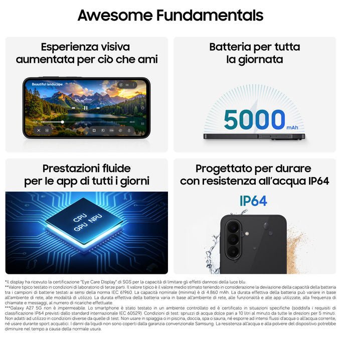 Samsung SM-A276BZKBEUE Galaxy A27 Smartphone 5G 6GB 128GB Display Super AMOLED 120Hz colore Nero