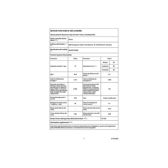 Bosch Serie 2 SMS2HTW02E Lavastoviglie a libera installazione con top removibile 13 coperti Classe D Rumorosita' 46 dB 5 programmi Home Connect 60 cm Bianco