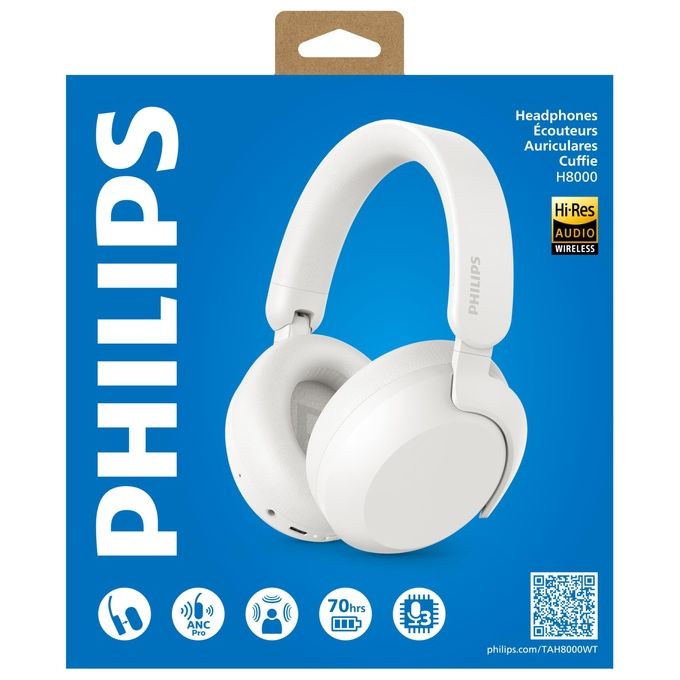 Philips TAH8000EWT-00 Cuffie Wireless Over-ear con Cancellazione Attiva del Rumore Bluetooth 5.4 Fino a 70 ore di autonomia colore Bianco