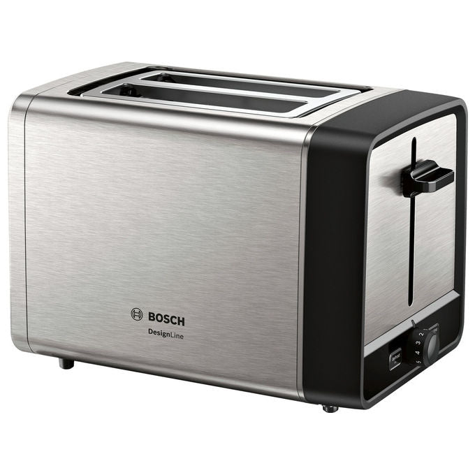 Bosch TAT5P420 Toster 2 Fessure Acciaio Inox e Plastica Potenza 970 W con Funzione Scongelamento Riscaldamento e Alzata Alta colore Argento-Nero