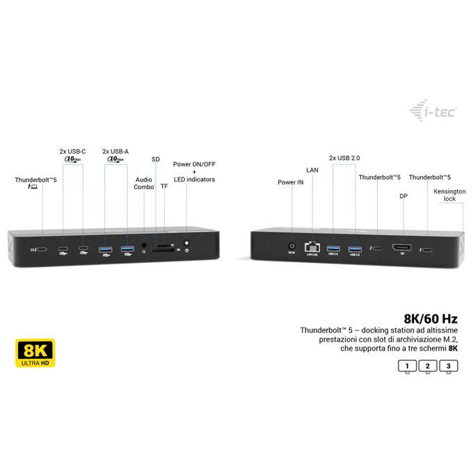 I-tec TB5TRIPLEDOCKM2PDIT Docking Station Thunderbolt 5 Triplo Display 8K M.2 NVMe PCIe Gen4 USB-C Power Delivery 140W 2.5G LAN colore Nero