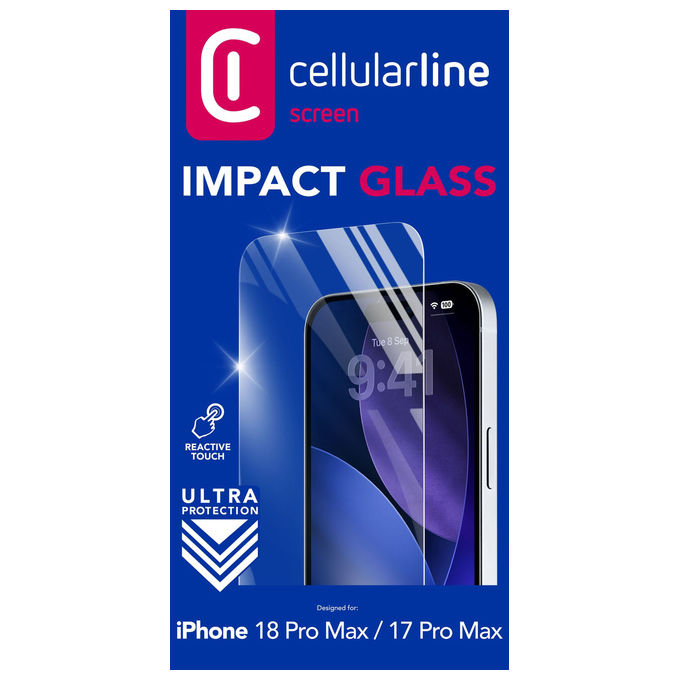 Cellularline TEMPGLASSIPH18PRM Impact Glass Vetro Temperato per iPhone 18 Pro Max resistente a graffi e urti compatibile con sensori Touch e 3D Sonic trattamento oleofobico case-friendly colore Nero