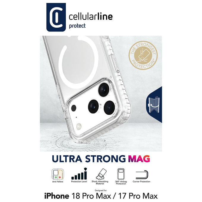 Cellularline TETRAMAG2IPH18PRMT ULTRA STRONG MAG Cover compatibile con iPhone 18 Pro Max con protezione antiurto e antibatterica con tecnologia MagSafe colore Trasparente