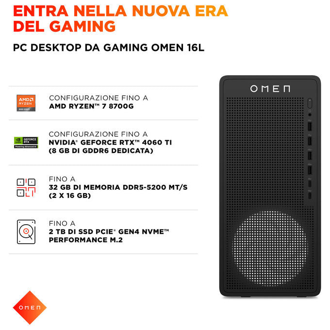 HEWLETT-PACKARD COMPUTER R78700F16GB1TBRTX50508GBW11 PC Gaming R7 8700F 16GB 1TB RTX 5050 8GB W11 colore Nero