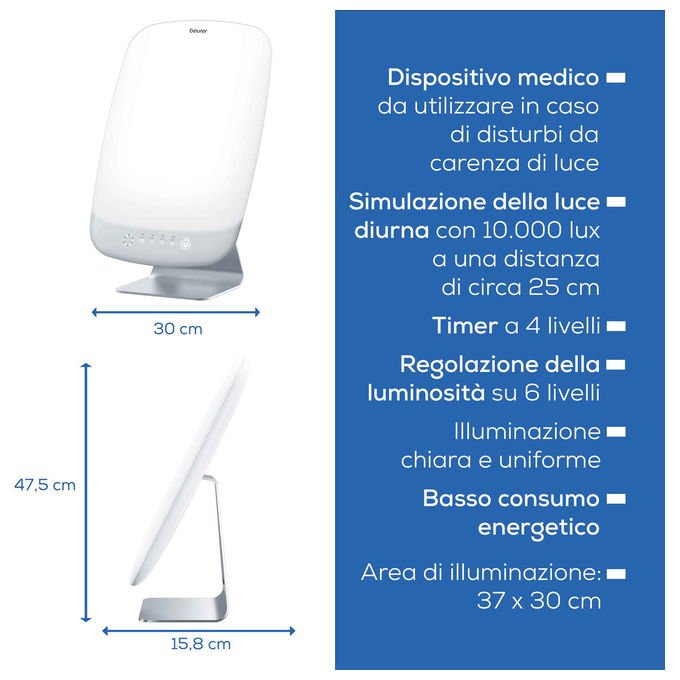 Beurer TL95 Lampada per Terapia della Luce 14000 Lux 6 Livelli di Luminosita' Tecnologia LED SunLike colore Bianco-Alluminio
