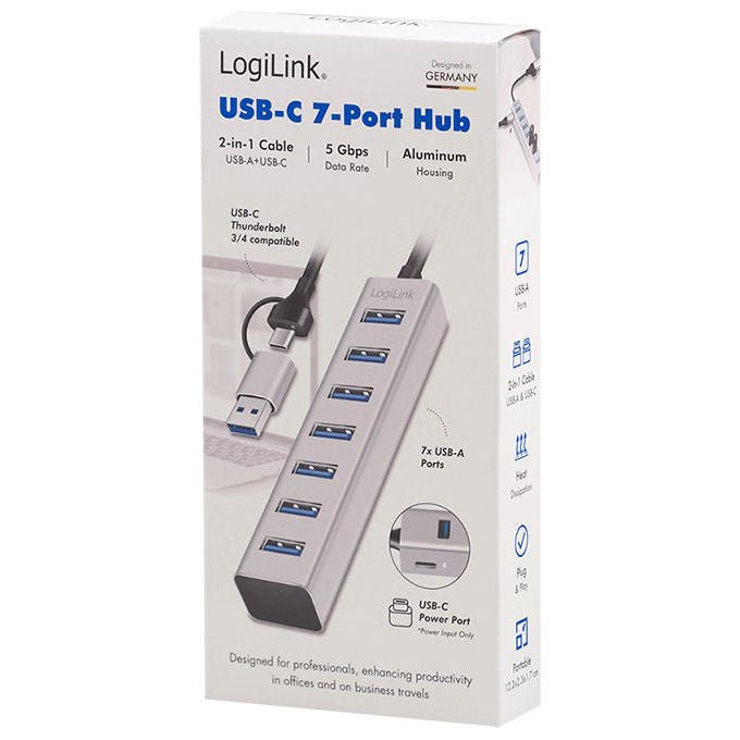 LogiLink UA0441 Hub USB 3.2 Gen 1 7 porte USB-A 5 Gbps Alluminio colore Grigio