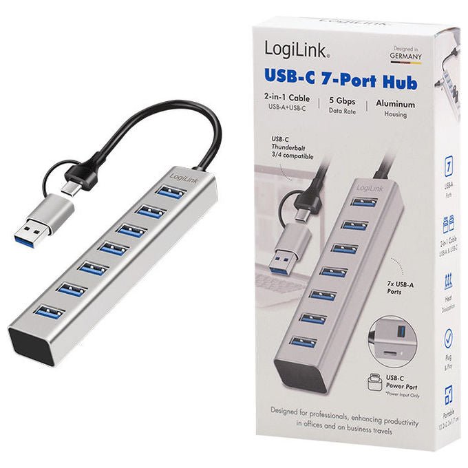 LogiLink UA0441 Hub USB 3.2 Gen 1 7 porte USB-A 5 Gbps Alluminio colore Grigio